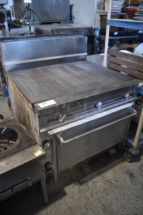 Jade Range Stainless Steel Commercial Natural Gas Powered Flat Top Griddle w/ Convection Oven and Back Splash on Commercial Casters. 36x36x48