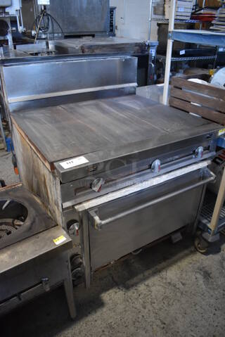 Jade Range Stainless Steel Commercial Natural Gas Powered Flat Top Griddle w/ Convection Oven and Back Splash on Commercial Casters. 36x36x48