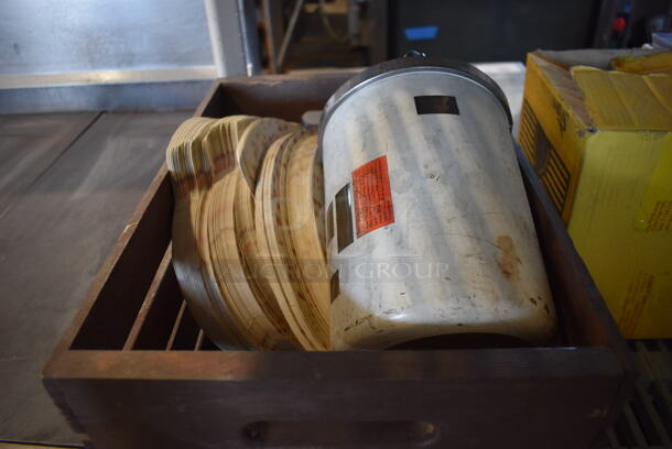 ALL ONE MONEY! Tier Lot of Various Items Including Poly Lids and Wooden Crate - Image 2 of 5