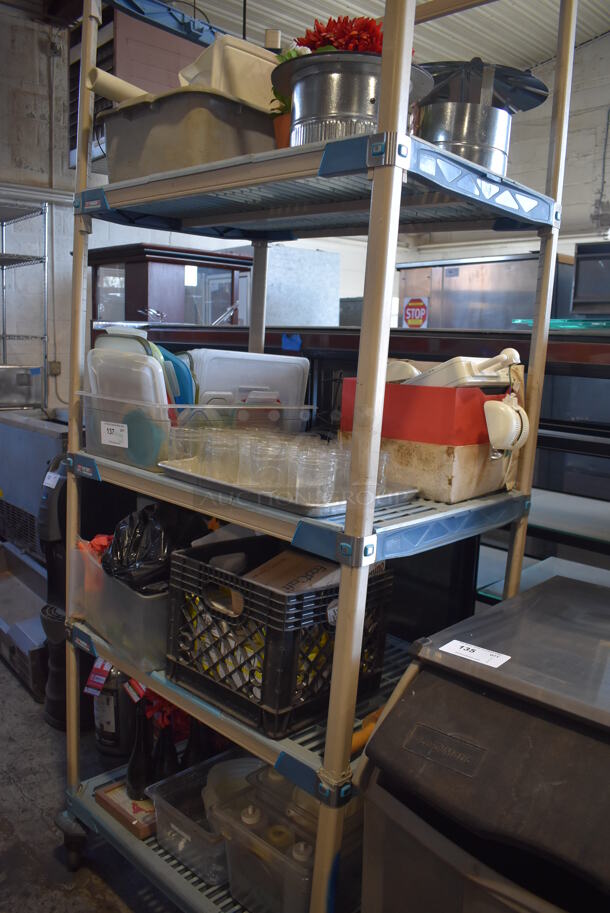 ALL ONE MONEY! Lot of 4 Tiers Worth of Various Items Including Fake Flowers, Jars, Poly Lids. Does Not Include Shelving Unit - Image 1 of 6