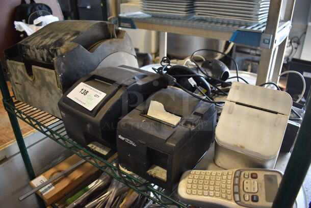 ALL ONE MONEY! Tier Lot of Various Items Including Poly Paper Towel Dispenser, Star Micronics SP700 Receipt Printer, Star Micronics TSP100 Receipt Printer, Brother Label Maker and Clover P100 Receipt Printer