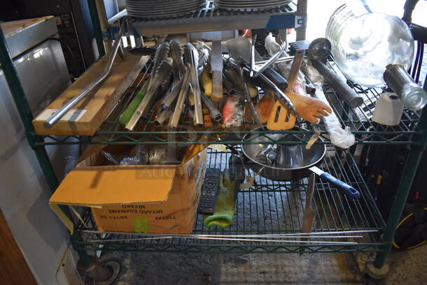 ALL ONE MONEY! 2 Tier Lot of Various Items Including Utensils, Forks and Glass Display Bottle