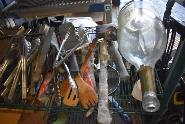 ALL ONE MONEY! 2 Tier Lot of Various Items Including Utensils, Forks and Glass Display Bottle - Image 2 of 6