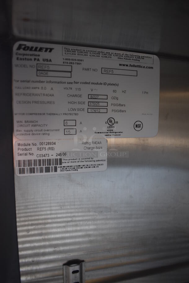 Follett REF5 Symphony Series Stainless Steel Commercial Undercounter Single Door Cooler. 115 Volts, 1 Phase. 24x26x34. Cannot Test - Unit Needs New Power Cord - Image 5 of 6