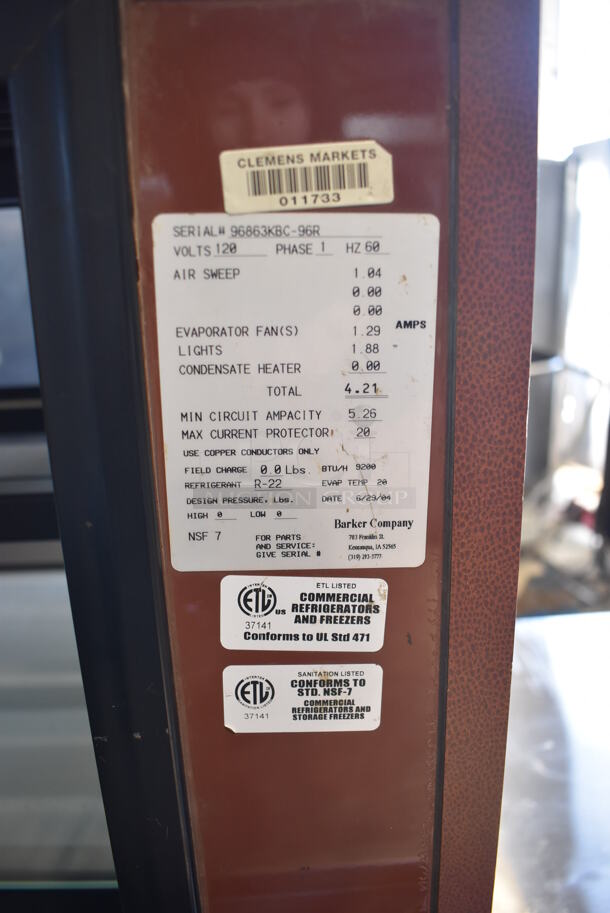 Barker Metal Commercial Floor Style Deli Display Case Merchandiser. 120 Volts, 1 Phase. 99x36x58. Cannot Test Due To Cut Power Cord - Image 7 of 8