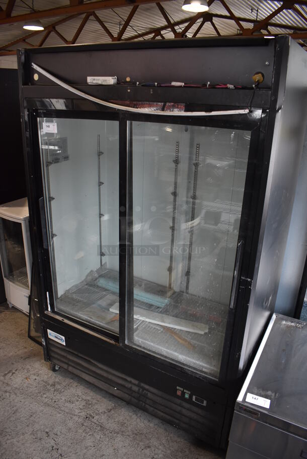 BRAND NEW SCRATCH AND DENT! KoolMore MDR-2D-GSLD Metal Commercial 2 Door Reach In Cooler Merchandiser w/ Poly Coated Racks on Commercial Casters. 115 Volts, 1 Phase. 54x30x83. Tested and Working!