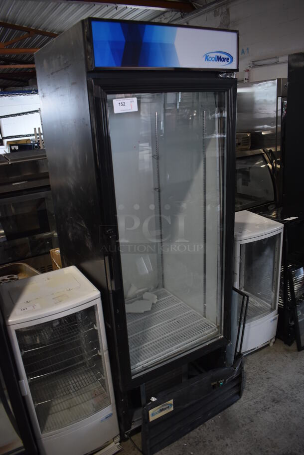 BRAND NEW SCRATCH AND DENT! KoolMore MDR-1D-23C Metal Commercial Single Door Reach In Cooler Merchandiser w/ Poly Coated Racks. 115 Volts, 1 Phase. 29x32x82. Tested and Does Not Power On