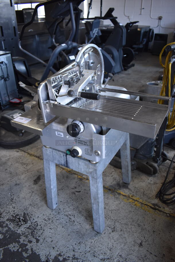 Bizerba Metal Commercial Countertop Meat Slicer Stacker on Metal Stand. 208 Volts, 1 Phase. 38x26x46