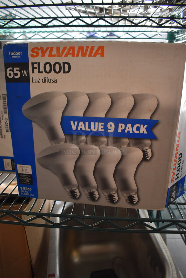 6 Boxes of 9 BRAND NEW Sylvania Flood Lightbulbs. One Box is Missing 2 Bulbs. 6 Times Your Bid!