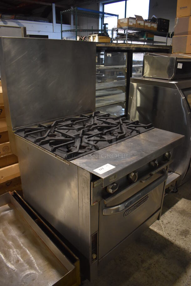 Southbend P32A-XX Stainless Steel Commercial Natural Gas Powered 4 Burner Range w/ Convection Oven and Back Splash on Commercial Casters. 45,000 BTU. 32x38x60.5