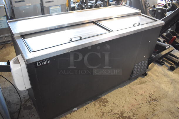 Continental CBC64 Stainless Steel Commercial Bottled Back Bar Cooler w/ 2 Sliding Lids on Commercial Casters. 115 Volts, 1 Phase. 64x28x38.5. Tested and Powers On But Does Not Get Cold