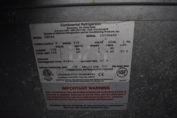 Continental CBC64 Stainless Steel Commercial Bottled Back Bar Cooler w/ 2 Sliding Lids on Commercial Casters. 115 Volts, 1 Phase. 64x28x38.5. Tested and Powers On But Does Not Get Cold - Image 6 of 7
