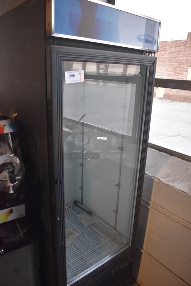 BRAND NEW SCRATCH AND DENT! KoolMore MDR-1D-23C Metal Commercial Single Door Reach In Cooler Merchandiser w/ Poly Coated Racks on Commercial Casters. 115 Volts, 1 Phase. 28x32x83. Tested and Working!