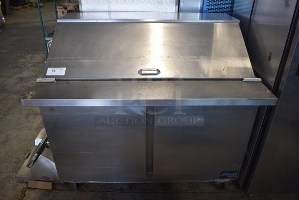 Beverage Air SPE48-18M Stainless Steel Commercial Sandwich Salad Prep Table Bain Marie Mega Top on Commercial Casters. 115 Volts, 1 Phase. 48x34x46. Tested and Powers On But Does Not Get Cold