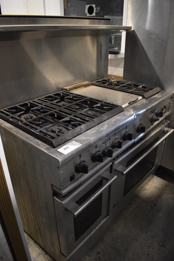 General Electric GE Stainless Steel Commercial 6 Burner Range w/ Center Flat Top, 2 Ovens and Over Shelf. 48x31x57