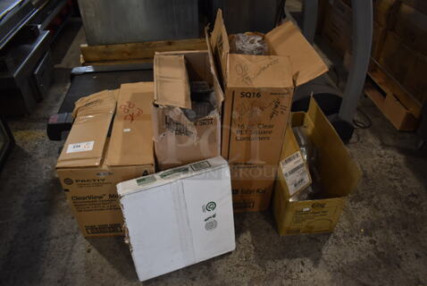 ALL ONE MONEY! Lot of 5 Boxes of Various Items Including Plastic To Go Boxes