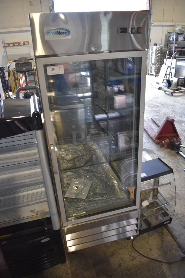 BRAND NEW SCRATCH AND DENT! KoolMore RIR-1D-GD Stainless Steel Commercial Single Door Reach In Cooler Merchandiser w/ Poly Coated Racks on Commercial Casters. 115 Volts, 1 Phase. 29x32x83. Tested and Working! - Image 2 of 7