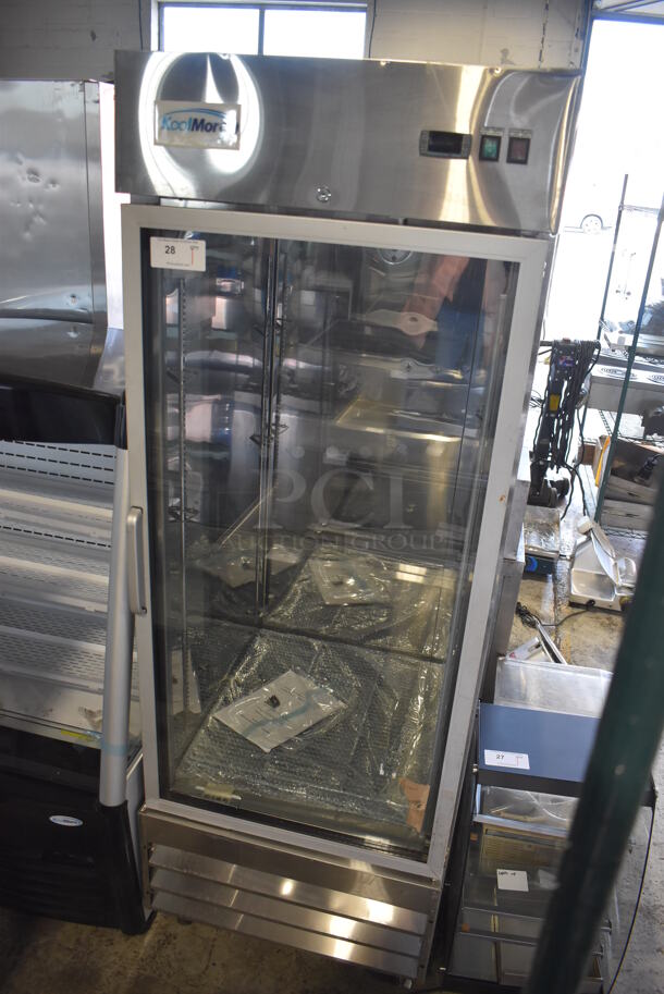 BRAND NEW SCRATCH AND DENT! KoolMore RIR-1D-GD Stainless Steel Commercial Single Door Reach In Cooler Merchandiser w/ Poly Coated Racks on Commercial Casters. 115 Volts, 1 Phase. 29x32x83. Tested and Working! - Image 3 of 7