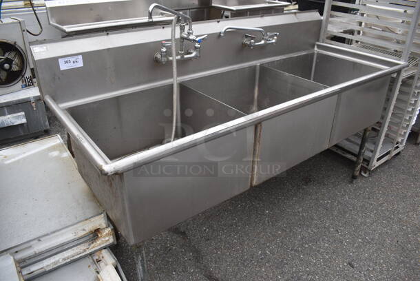Stainless Steel Commercial 3 Bay Sink w/ 2 Faucet and 2 Handle Sets. 78x31x45. Bays 24x24x14