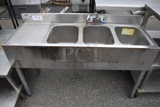 Krowne Stainless Steel Commercial 3 Bay Back Bar Sink w/ Left Side Drain Board, Faucet and Handles. 48x19x32. Bays 10x14x9. Drain Board 11x16x1