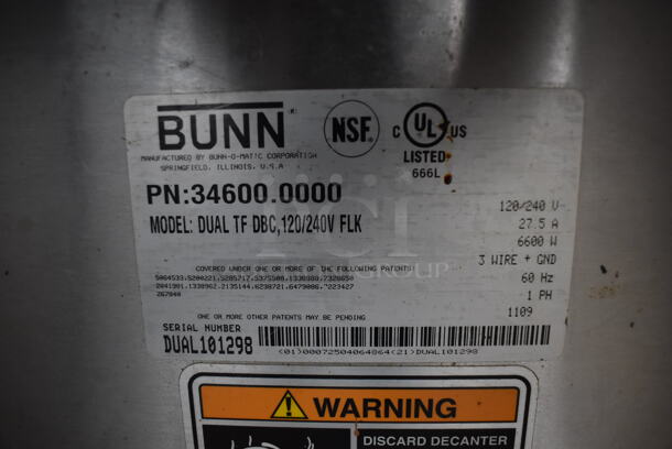 2011 Bunn DUAL TF DBC Stainless Steel Commercial Countertop Dual Coffee Machine w/ Hot Water Dispenser. 120/240 Volts, 1 Phase. 22x24x36 - Image 4 of 5