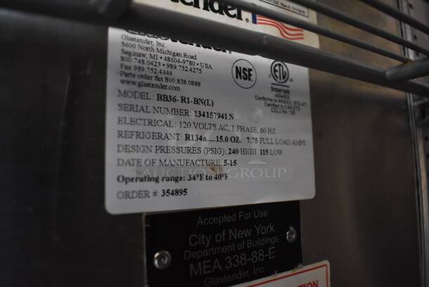 Glastender BB36-R1-BN(L) Stainless Steel Commercial Single Door Undercounter Cooler. 120 Volts, 1 Phase. 37x24x35. Tested and Working! - Image 5 of 5