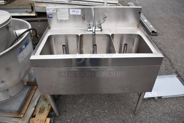 Glastender TSB-36-S Stainless Steel Commercial 3 Bay Sink w/ Faucet and Handles. 36x24x37
