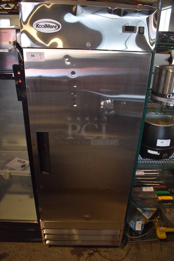 BRAND NEW SCRATCH AND DENT! KoolMore RIR-1D-SS-19C Stainless Steel Commercial Single Door Reach In Cooler on Commercial Casters. 115 Volts, 1 Phase. 28x30x82. Tested and Working!