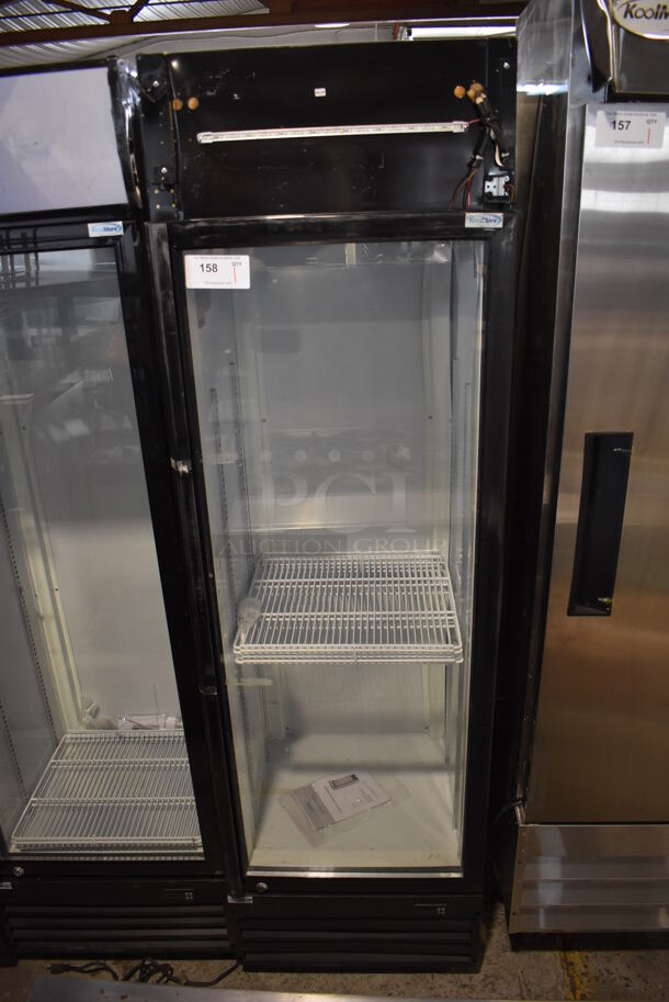 BRAND NEW SCRATCH AND DENT! KoolMore MDR-1GD-13C Metal Commercial Single Door Reach In Cooler Merchandiser w/ Poly Coated Racks. 115 Volts, 1 Phase. 23x24x79. Tested and Does Not Power On