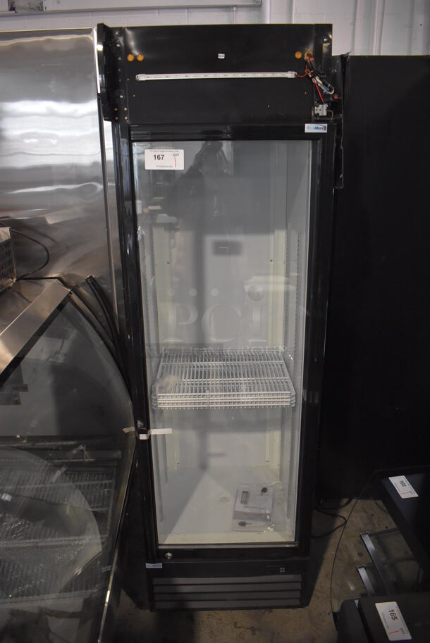 BRAND NEW SCRATCH AND DENT! KoolMore MDR-1GD-13C Metal Commercial Single Door Reach In Cooler Merchandiser w/ Poly Coated Racks on Commercial Casters. 115 Volts, 1 Phase. 23x24x79. Tested and Working!