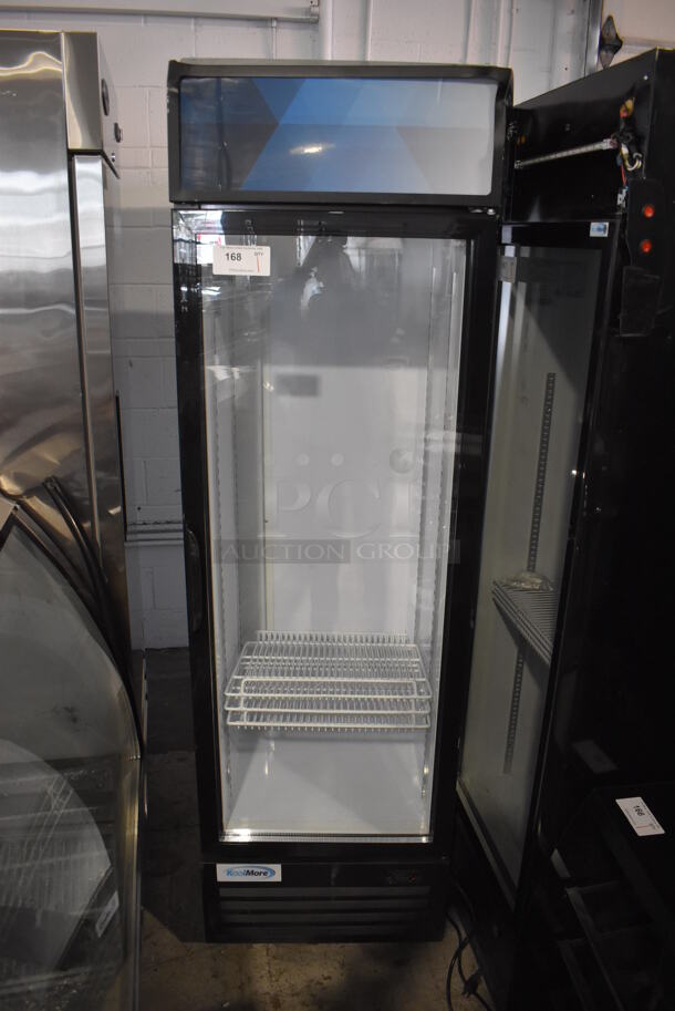 BRAND NEW SCRATCH AND DENT! KoolMore MDR-1GD-13C Metal Commercial Single Door Reach In Cooler Merchandiser w/ Poly Coated Racks on Commercial Casters. 115 Volts, 1 Phase. 23x24x79. Tested and Powers On But Does Not Get Cold