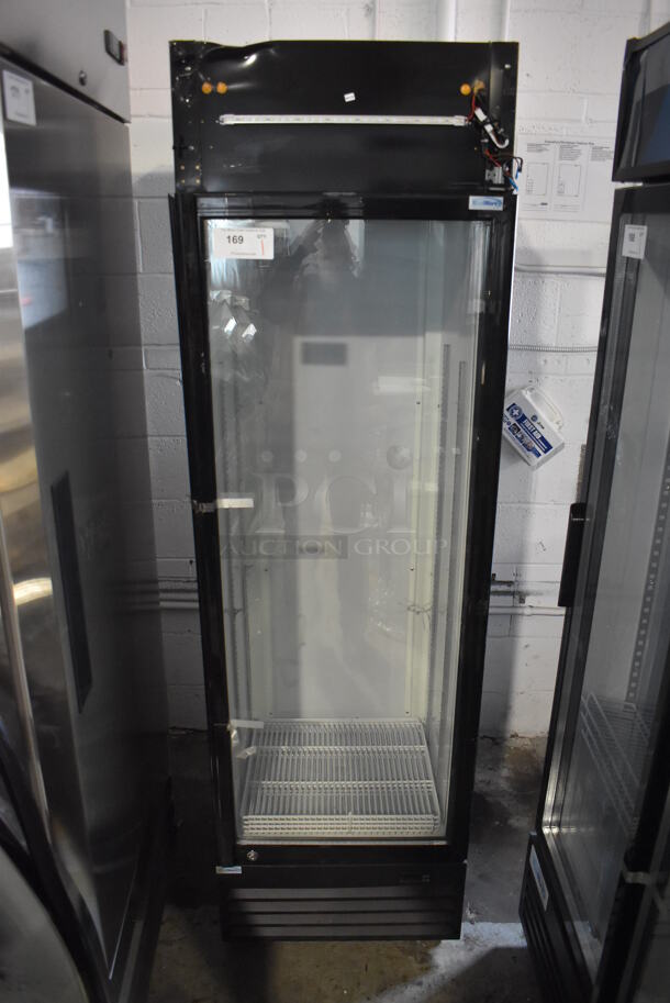 BRAND NEW SCRATCH AND DENT! KoolMore MDR-1GD-13C Metal Commercial Single Door Reach In Cooler Merchandiser w/ Poly Coated Racks on Commercial Casters. 115 Volts, 1 Phase. 23x24x79. Tested and Working!