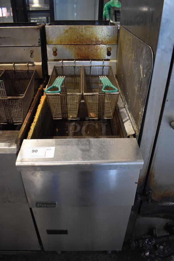 2016 Pitco Frialator SG14 Stainless Steel Commercial Floor Style Natural Gas Powered Deep Fat Fryer w/ 2 Metal Fry Baskets. 110,000 BTU. 15.5x34x48