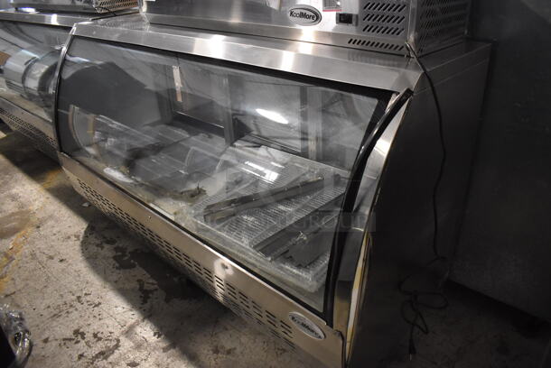 BRAND NEW SCRATCH AND DENT! KoolMore RD32C-SS Stainless Steel Commercial Floor Style Deli Display Case Merchandiser on Commercial Casters. 115 Volts, 1 Phase. 82x34x47. Tested and Does Not Power On