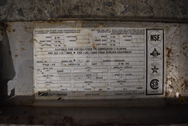 Southbend P32A-XX Stainless Steel Commercial Natural Gas Powered 4 Burner Range w/ Convection Oven and Back Splash on Commercial Casters. 45,000 BTU. 32x38x60.5 - Image 6 of 8