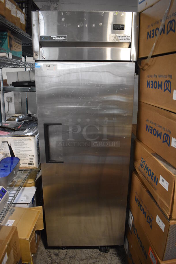 2020 True TG1R-1S-HC ENERGY STAR Stainless Steel Commercial Single Door Reach In Cooler w/ Poly Coated Racks on Commercial Casters. 115 Volts, 1 Phase. 29x35x83. Tested and Working!