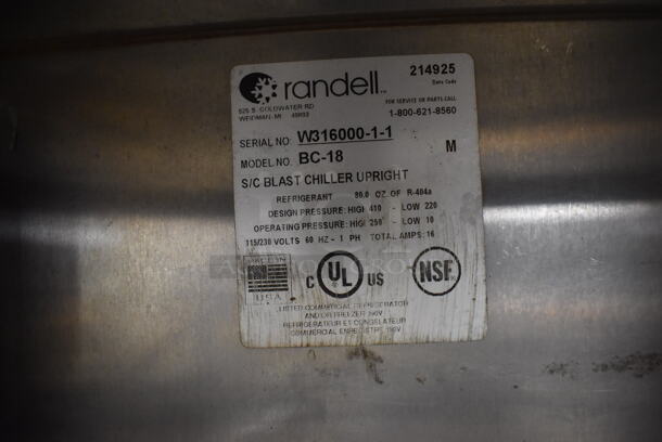2013 Randell BC-18 Stainless Steel Commercial Floor Style Blast Chiller. 115/230 Volts, 1 Phase. 40x35x66 - Image 6 of 6