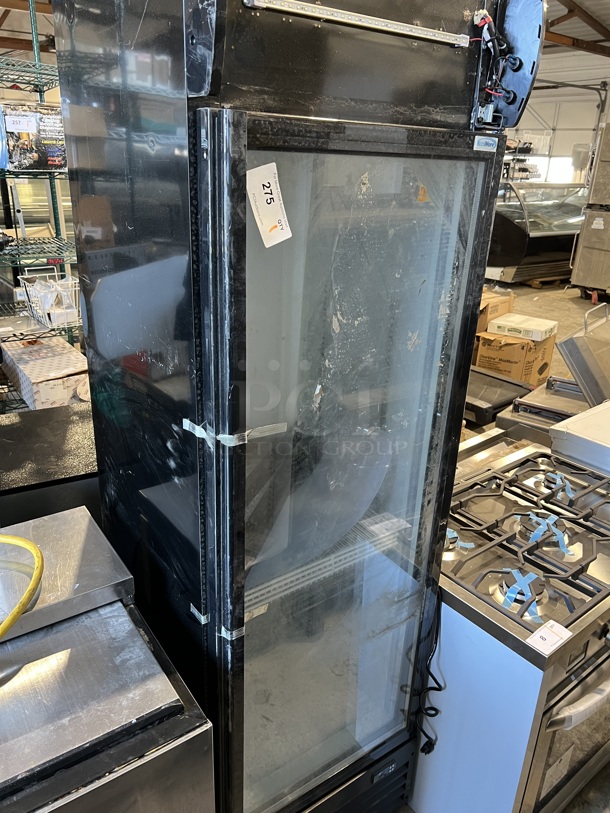 BRAND NEW SCRATCH AND DENT! KoolMore MDR-1GD-13C Metal Commercial Single Door Reach In Cooler Merchandiser w/ Poly Coated Racks. 115 Volts, 1 Phase. 23x24x79. Tested and Working!