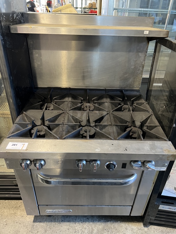 Southbend Stainless Steel Commercial Propane Gas Powered 6 Burner Range w/ Oven, Over Shelf and Back Splash. 37x35x60