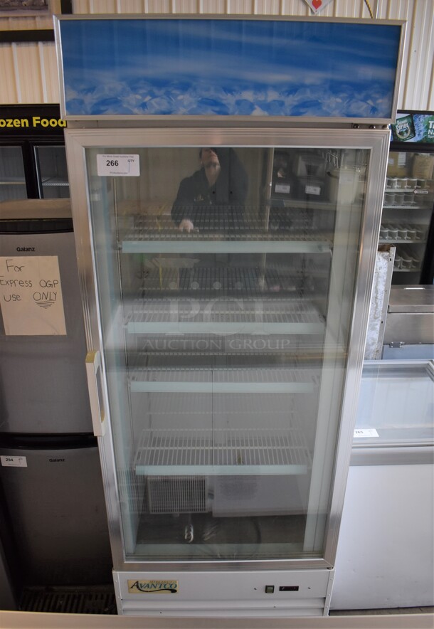 Avantco 178GDC24F Metal Commercial Single Door Reach In Freezer Merchandiser w/ Poly Coated Racks on Commercial Casters. 115 Volts, 1 Phase. 31x33x86. Tested and Working!