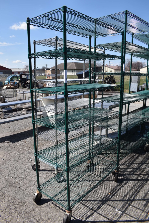 Green Finish 6 Tier Wire Shelving Unit on Commercial Casters. BUYER MUST DISMANTLE. PCI CANNOT DISMANTLE FOR SHIPPING. PLEASE CONSIDER FREIGHT CHARGES. 42x21x80