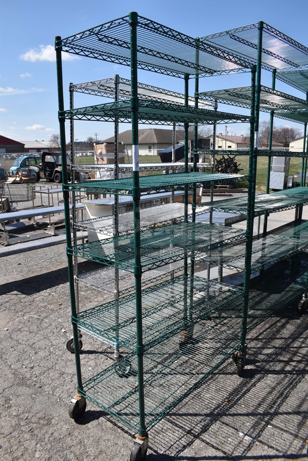 Green Finish 6 Tier Wire Shelving Unit on Commercial Casters. BUYER MUST DISMANTLE. PCI CANNOT DISMANTLE FOR SHIPPING. PLEASE CONSIDER FREIGHT CHARGES. 42x21x80 - Image 1 of 3