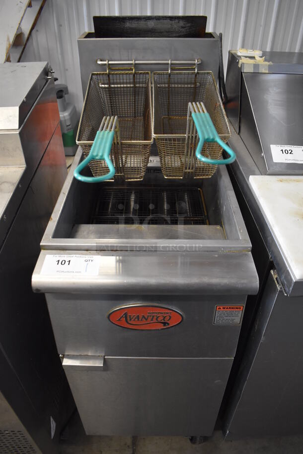 2019 Avantco FF400-N Stainless Steel Commercial Floor Style Natural Gas Powered Deep Fat Fryer w/ 2 Metal Fry Baskets on Commercial Casters. 120,000 BTU. 16x30x45