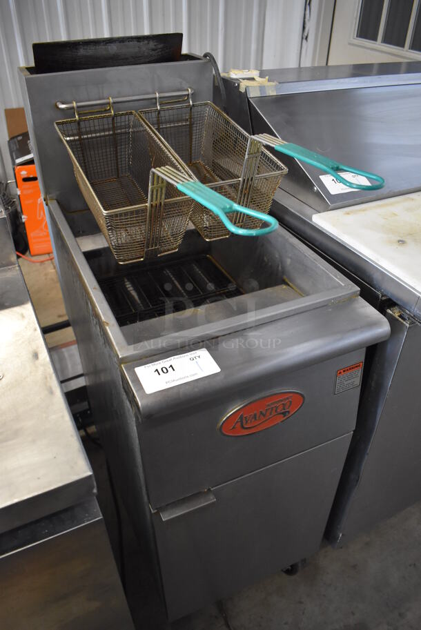 2019 Avantco FF400-N Stainless Steel Commercial Floor Style Natural Gas Powered Deep Fat Fryer w/ 2 Metal Fry Baskets on Commercial Casters. 120,000 BTU. 16x30x45 - Image 2 of 7
