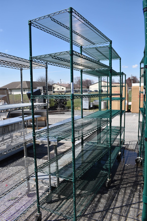 Green Finish 6 Tier Wire Shelving Unit on Commercial Casters. BUYER MUST DISMANTLE. PCI CANNOT DISMANTLE FOR SHIPPING. PLEASE CONSIDER FREIGHT CHARGES. 48x21x92 - Image 1 of 3