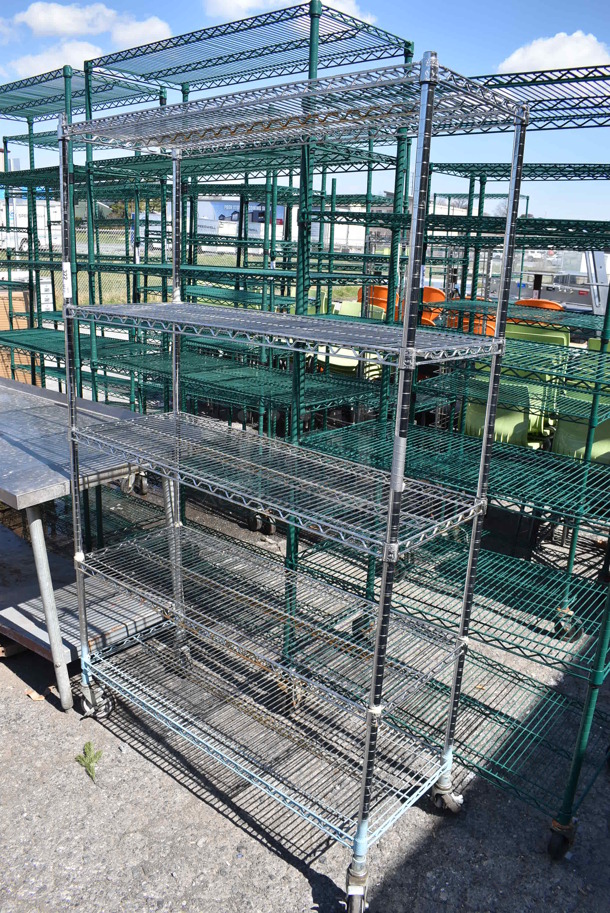Chrome Finish 5 Tier Wire Shelving Unit on Commercial Casters. BUYER MUST DISMANTLE. PCI CANNOT DISMANTLE FOR SHIPPING. PLEASE CONSIDER FREIGHT CHARGES. 47x18x77 - Image 1 of 6