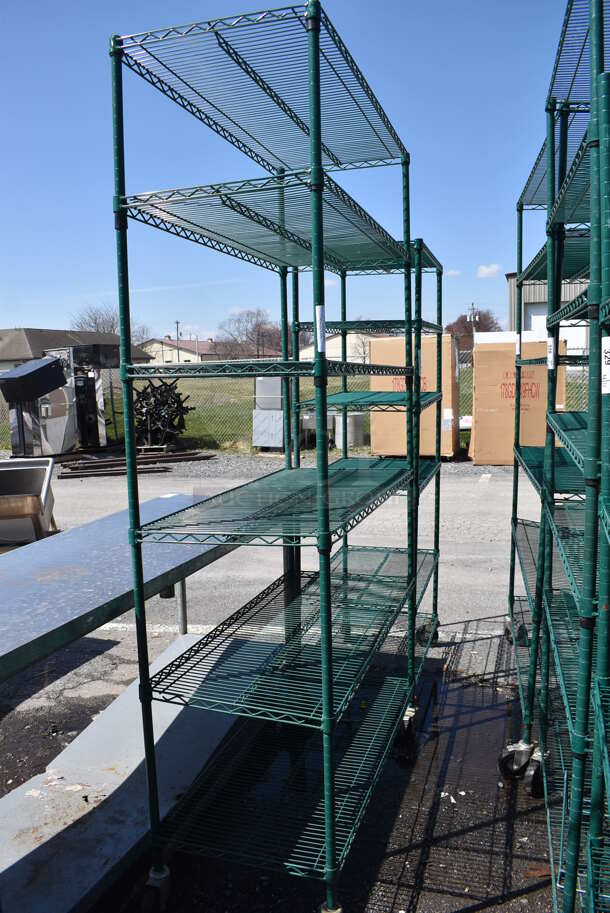 Green Finish 6 Tier Wire Shelving Unit on Commercial Casters. BUYER MUST DISMANTLE. PCI CANNOT DISMANTLE FOR SHIPPING. PLEASE CONSIDER FREIGHT CHARGES. 48x21x92