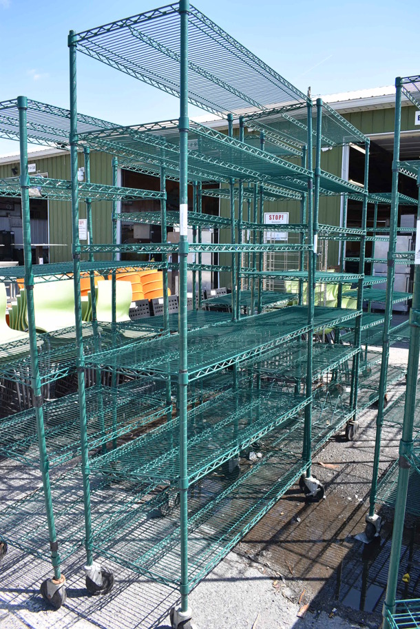 Green Finish 6 Tier Wire Shelving Unit on Commercial Casters. BUYER MUST DISMANTLE. PCI CANNOT DISMANTLE FOR SHIPPING. PLEASE CONSIDER FREIGHT CHARGES. 48x21x92