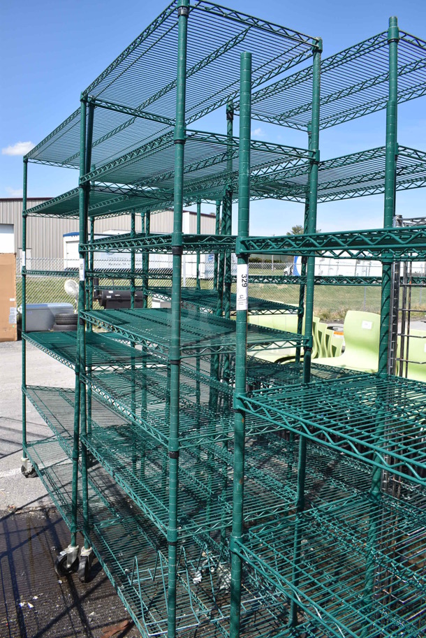Green Finish 7 Tier Wire Shelving Unit on Commercial Casters. BUYER MUST DISMANTLE. PCI CANNOT DISMANTLE FOR SHIPPING. PLEASE CONSIDER FREIGHT CHARGES. 48x21x92