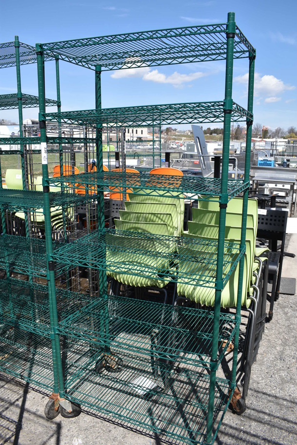 Green Finish 6 Tier Wire Shelving Unit on Commercial Casters. BUYER MUST DISMANTLE. PCI CANNOT DISMANTLE FOR SHIPPING. PLEASE CONSIDER FREIGHT CHARGES. 36x21x80